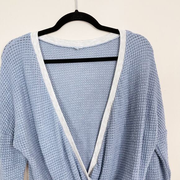Boutique Womens Small S Blue Waffle Knit VNeck Wrap Sweater Colorblock Gray - Picture 6 of 10